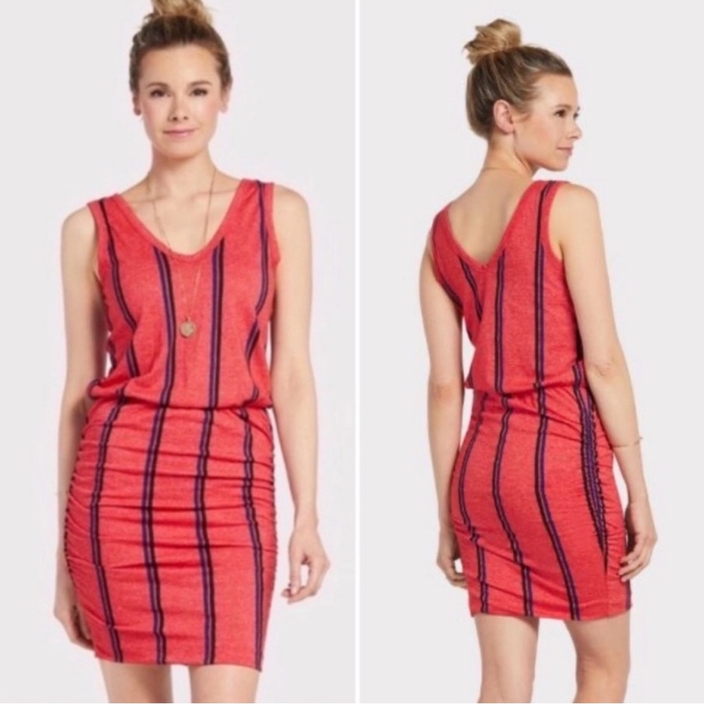 Anthropologie Sundry Red Blue Striped‎ Ruched Sides Tank Dress Size XL